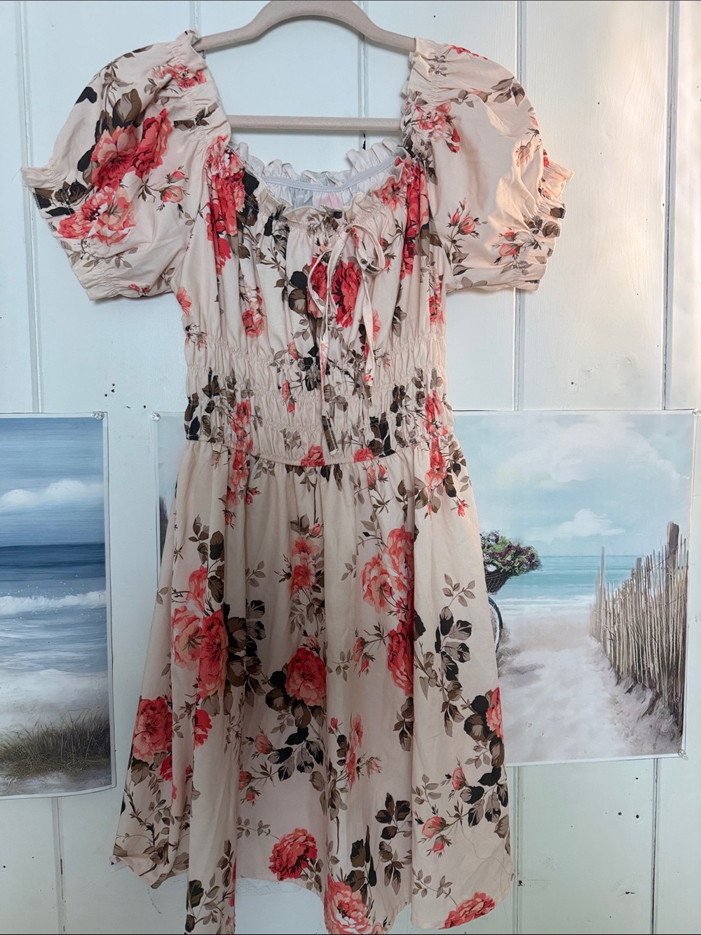 Beige Floral Puff-Sleeve Midi Dress - Romantic Summer Style